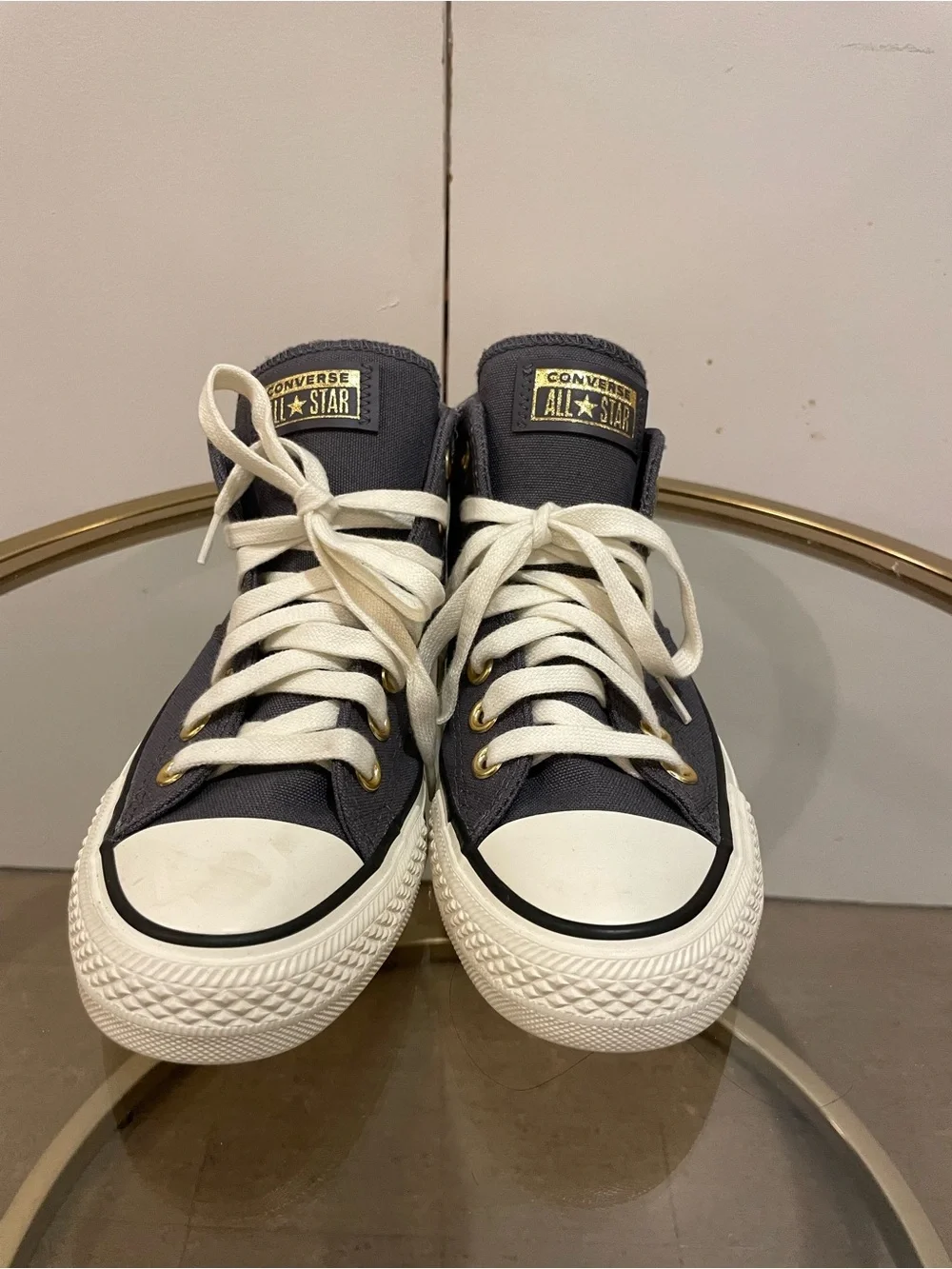 Converse All Star Canvas High Top Navy Sneakers with White Laces, Womens 7